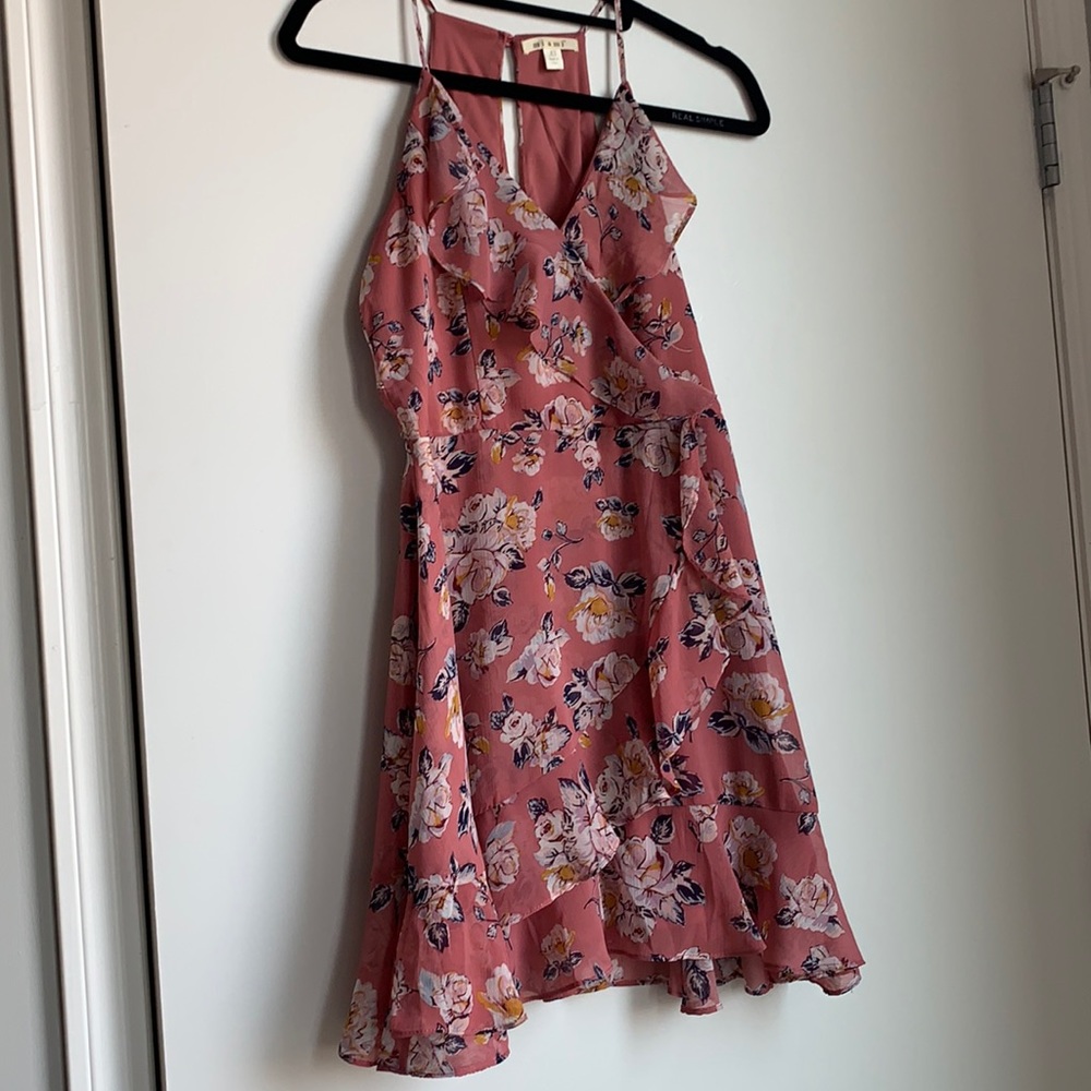 Blush + floral faux wrap dress with ruffle detail